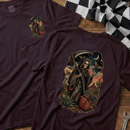 T-shirt with grim reaper, gas can, and desert landscape graphic.