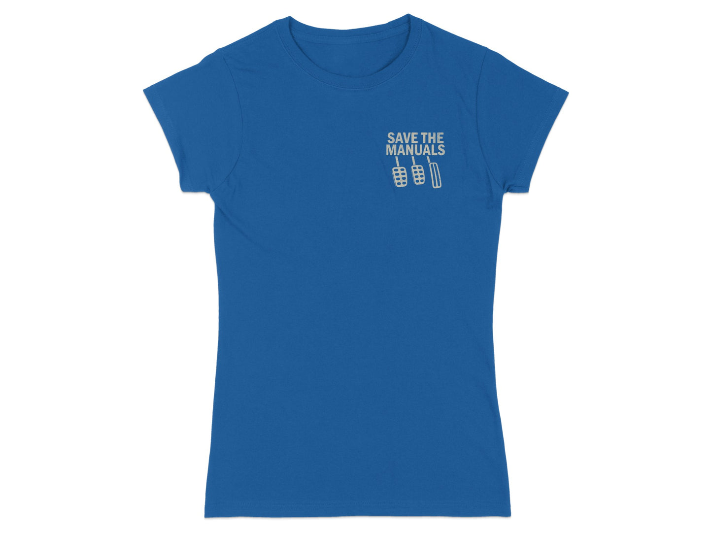 Blue t-shirt with "SAVE THE MANUALS" and clutch, brake, accelerator pedals graphic.