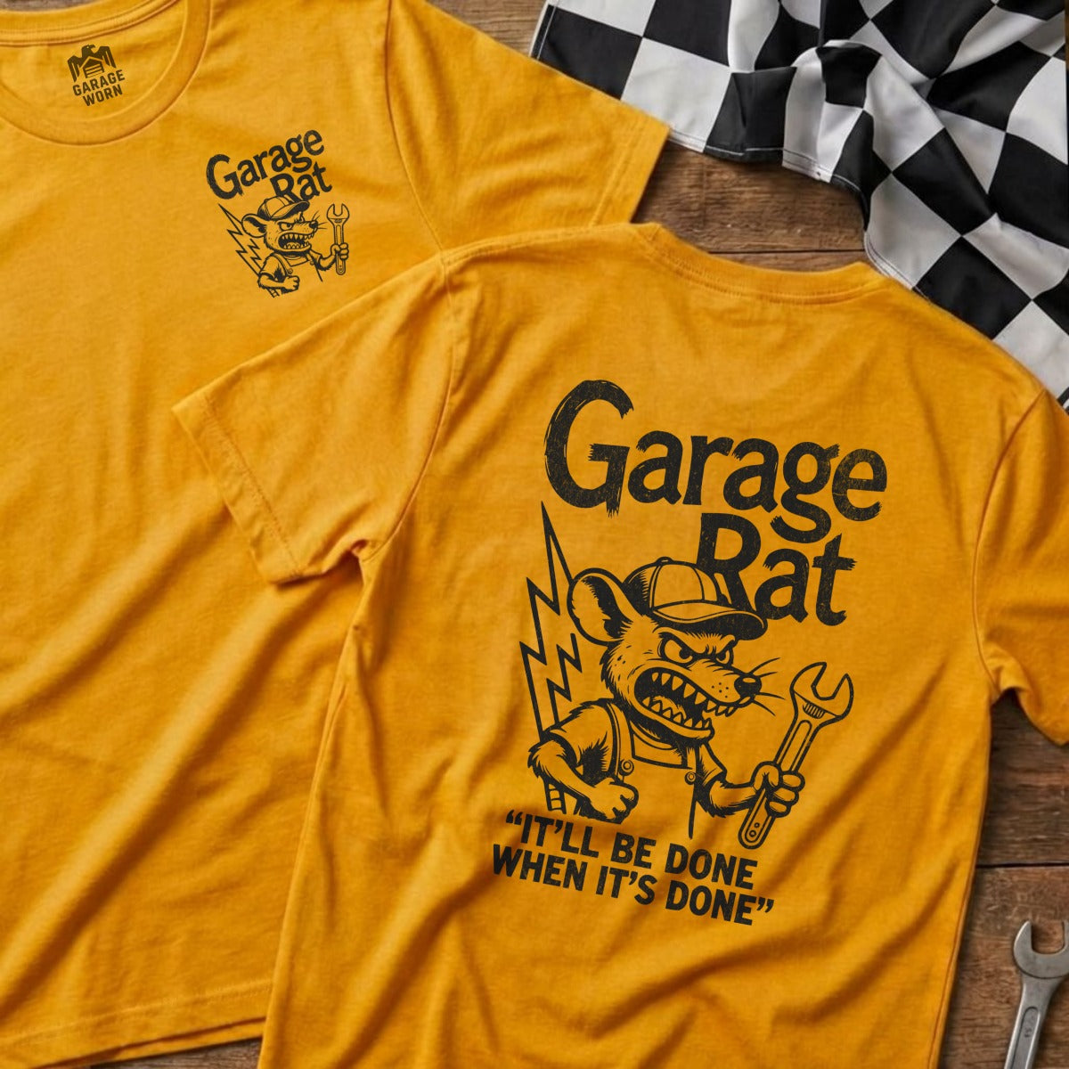 Orange t-shirt with "Garage Rat" logo and quote, "It'll be done when it's done."