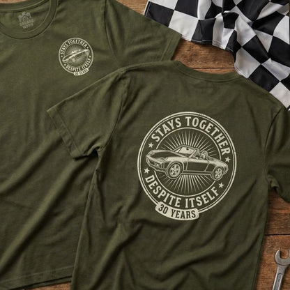 Green t-shirt with "Stays Together Despite Itself 30 Years" and a car graphic.