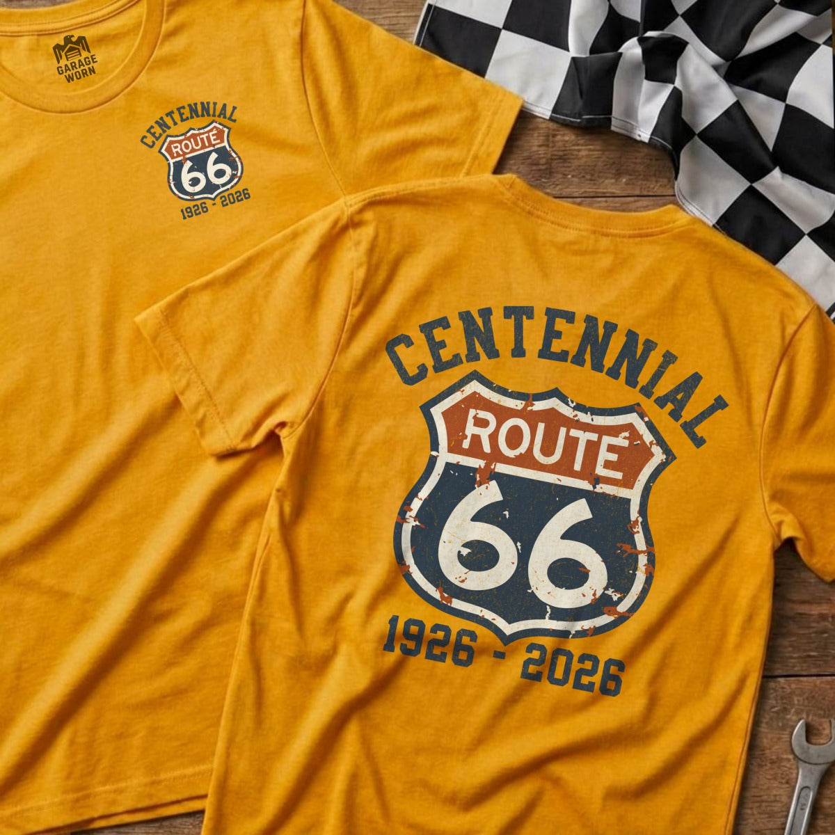 Yellow t-shirt with Route 66 Centennial 1926-2026 graphic.