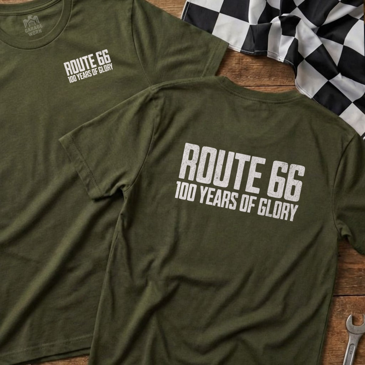 Olive green t-shirts with Route 66 100 Years of Glory design.
