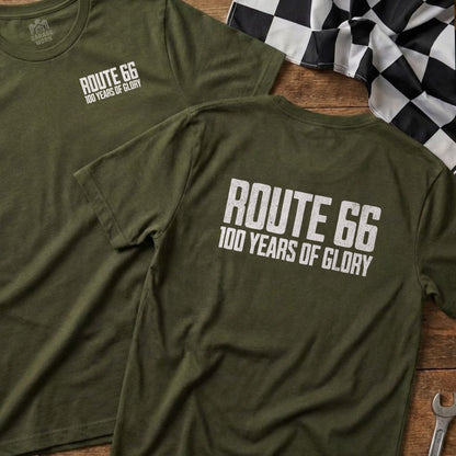 Olive green t-shirts with Route 66 100 Years of Glory design.