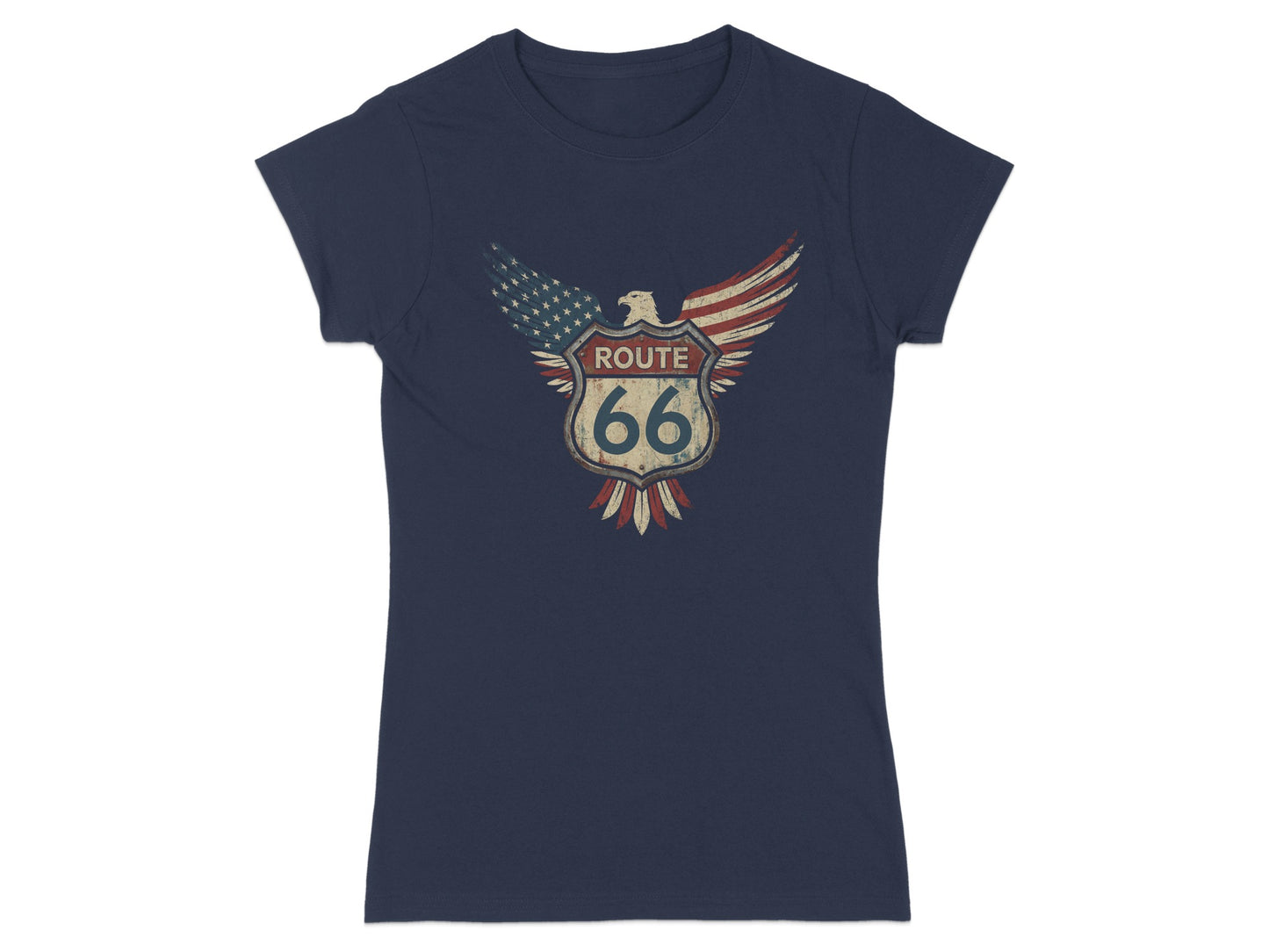 Navy t-shirt with distressed Route 66 emblem featuring an eagle and American flag.