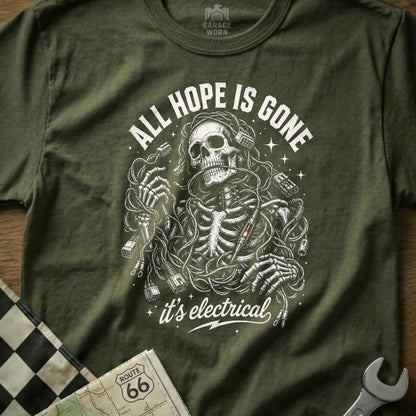 T-shirt graphic of skeleton tangled in wires with text "ALL HOPE IS GONE it's electrical."