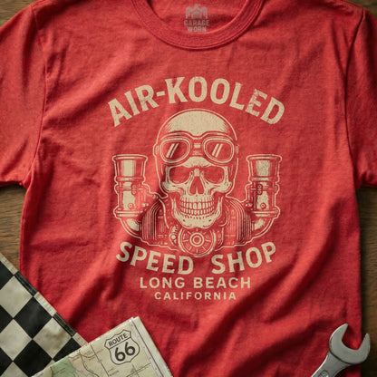 Red t-shirt with "Air-Kooled Speed Shop Long Beach California" and skull graphic.