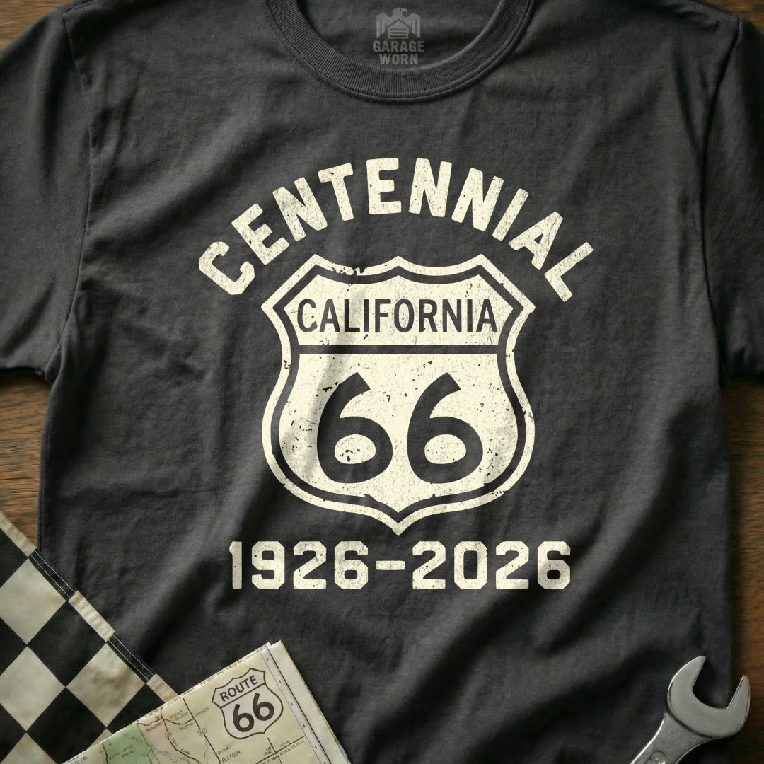 Dark gray t-shirt with Route 66 Centennial California 1926-2026 logo.