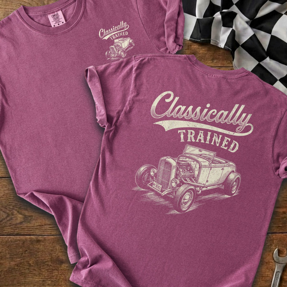 T-shirt with "Classically TRAINED" text and hot rod graphic.