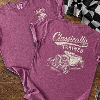T-shirt with "Classically TRAINED" text and hot rod graphic.