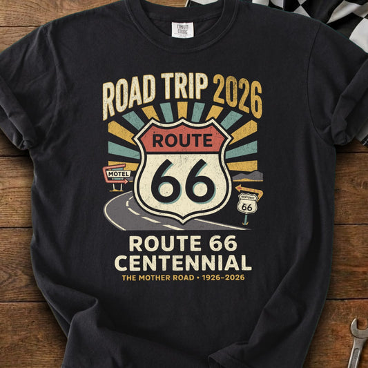 Black t-shirt with "Road Trip 2026 Route 66 Centennial" graphic.