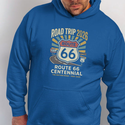Blue hoodie with Route 66 Centennial graphic celebrating "The Mother Road 1926-2026".