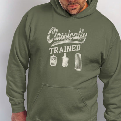 Olive green hoodie with "Classically TRAINED" and three car pedals graphic.