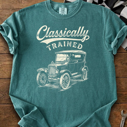 Teal t-shirt with "Classically Trained" text and vintage car illustration.