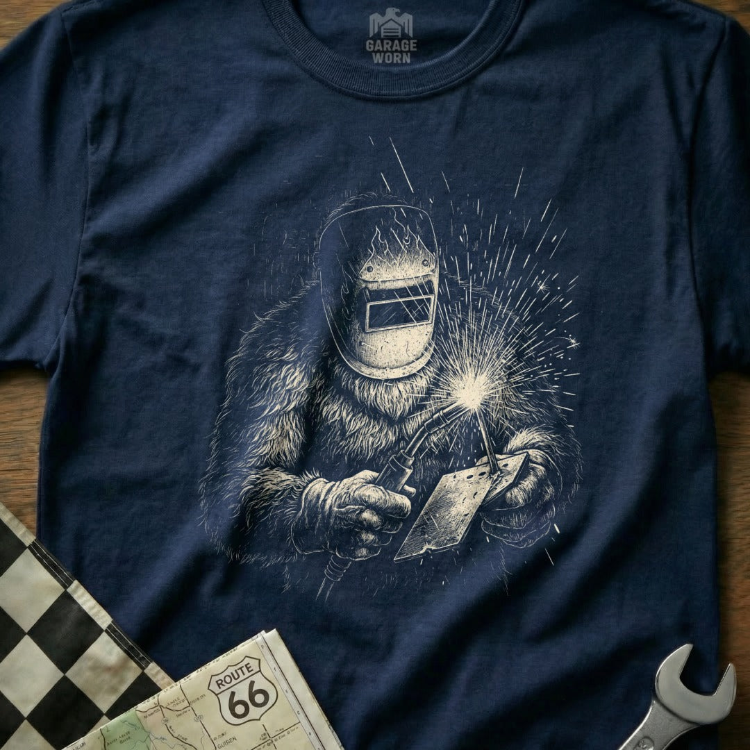 T-shirt graphic of a Bigfoot character welding with sparks flying.