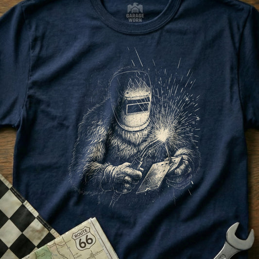 T-shirt graphic of a Bigfoot character welding with sparks flying.