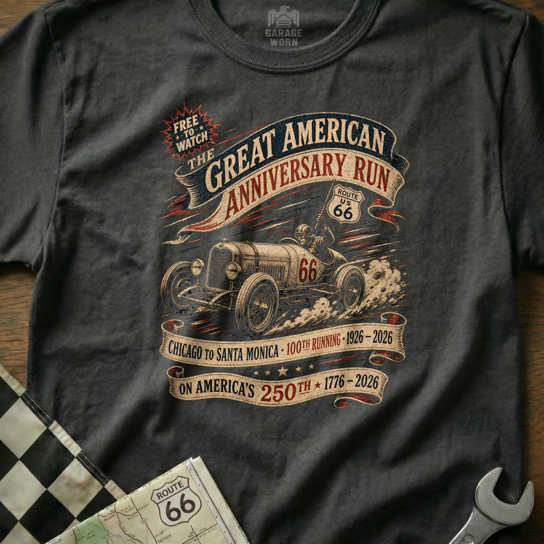 Great American Anniversary Run t-shirt with vintage car and Route 66 graphics.