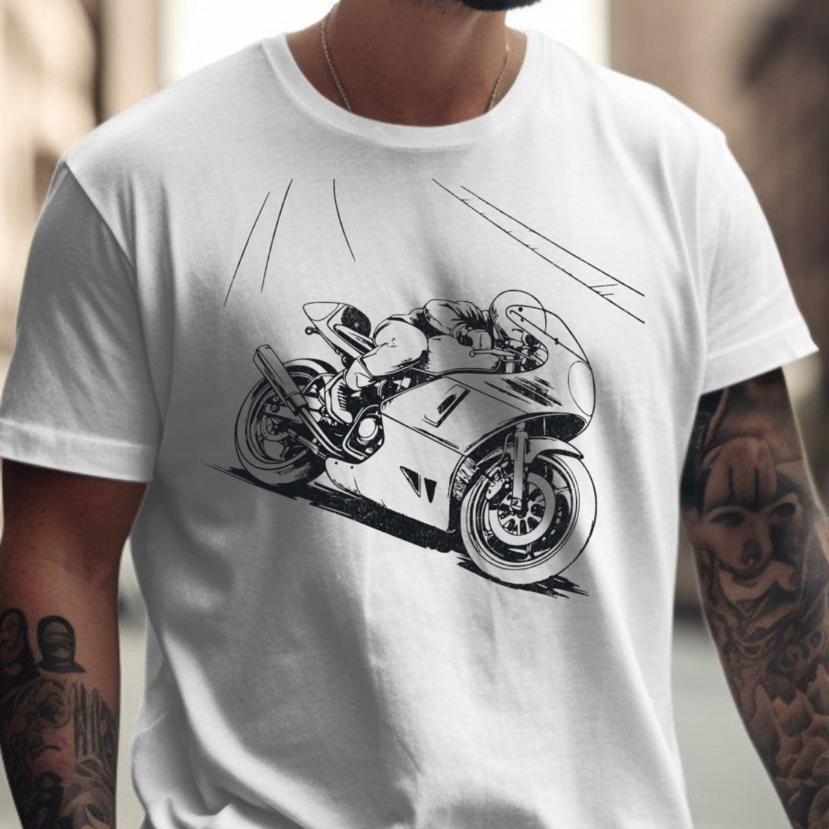 Retro Motorbike Rider Art Printed White T-shirt product