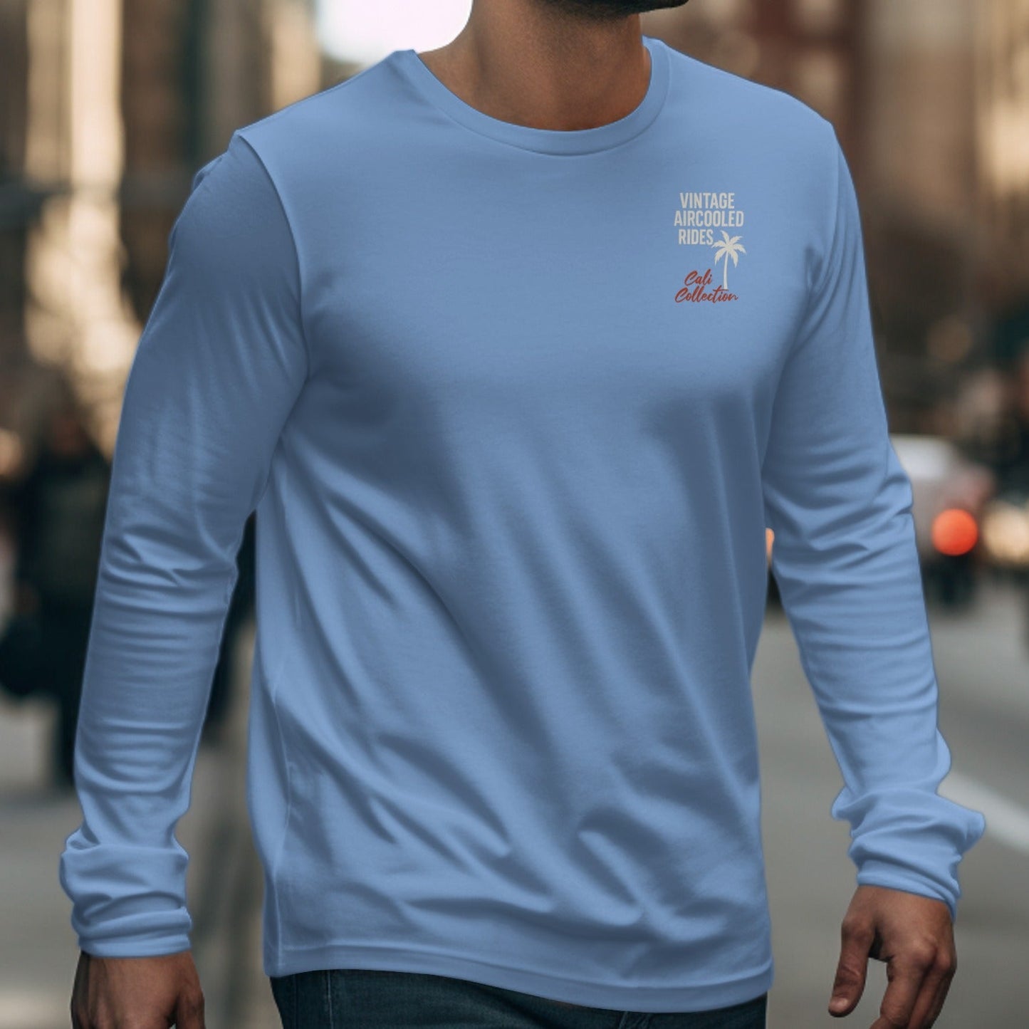 Light blue long sleeve shirt with "Vintage Aircooled Rides Cali Collection" text and palm tree graphic.