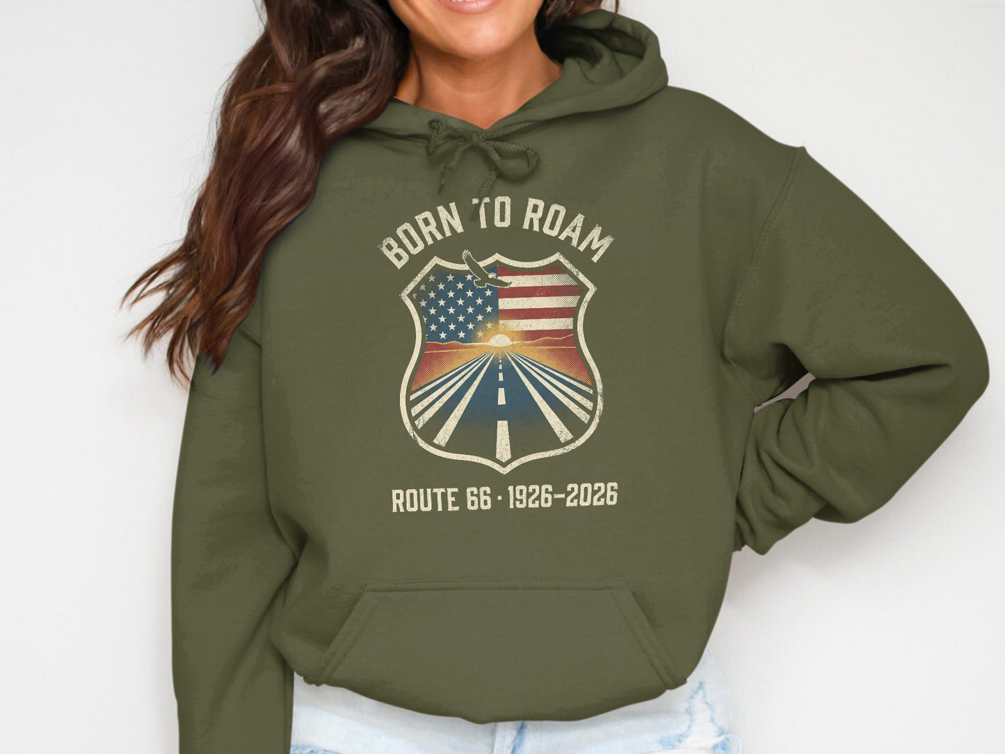 Green hoodie with "Born to Roam" shield logo, Route 66, 1926-2026.