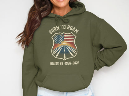 Green hoodie with "Born to Roam" shield logo, Route 66, 1926-2026.