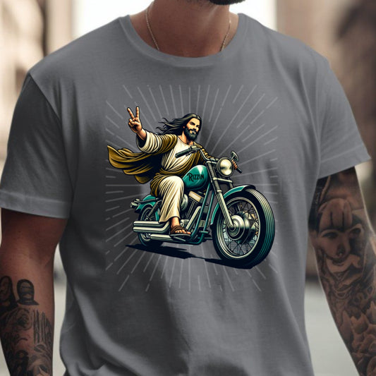 Jesus Riding Motorcycle Graphic Tee Shirt product type