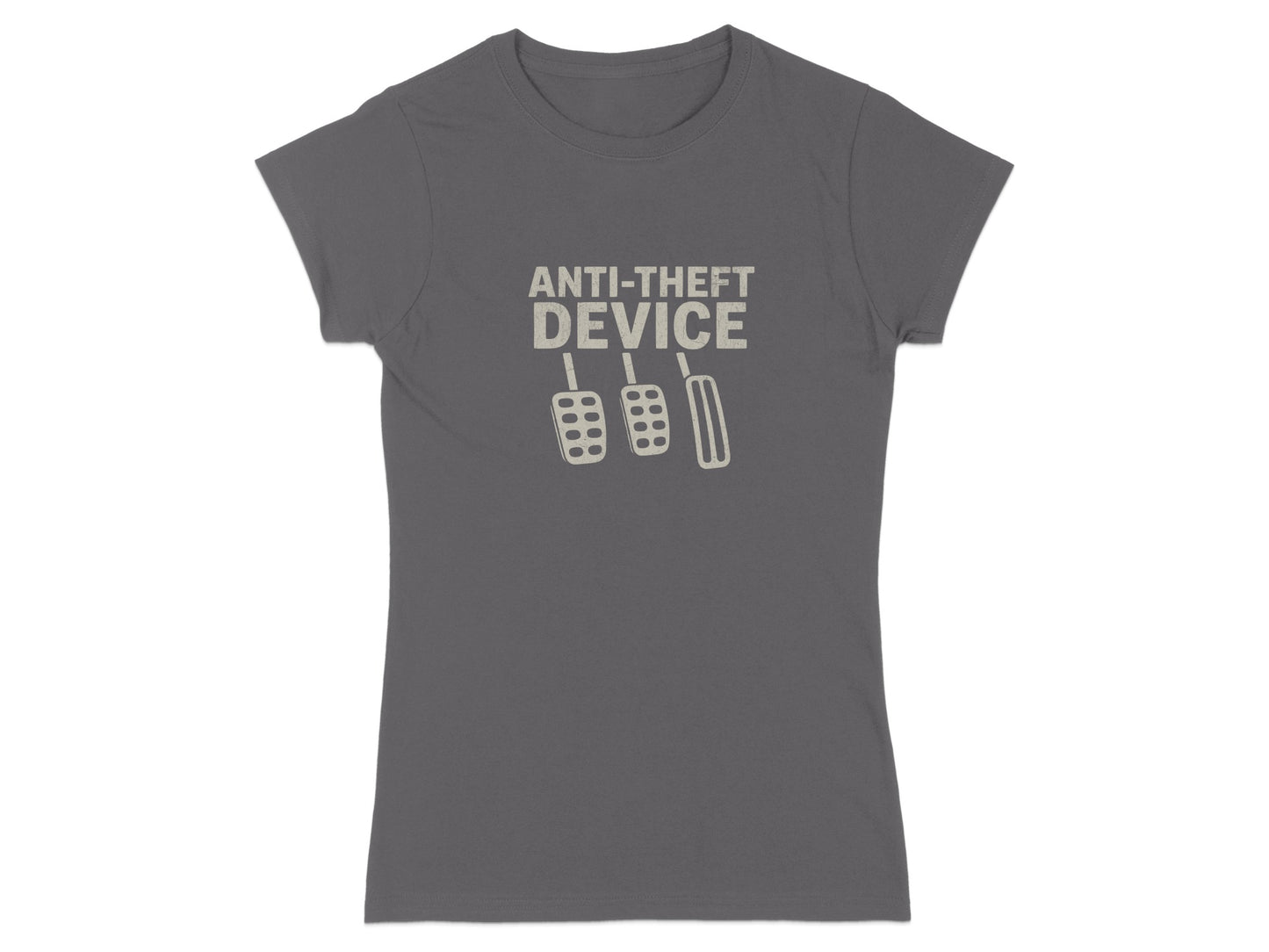 Gray t-shirt with "ANTI-THEFT DEVICE" and three pedal icons.