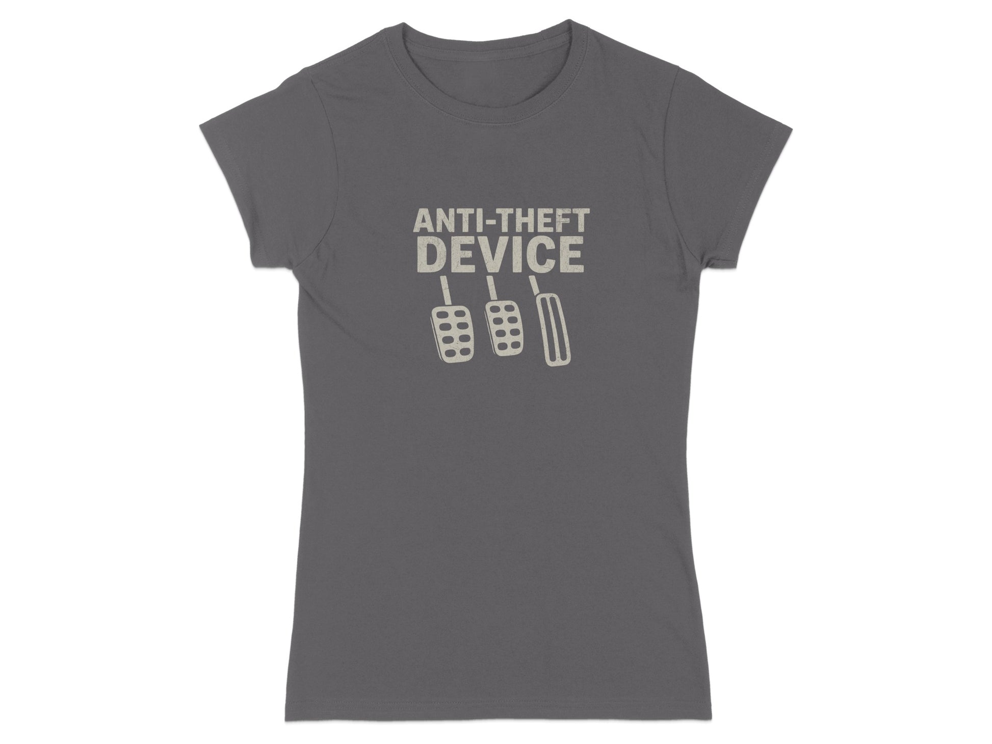 Gray t-shirt with "ANTI-THEFT DEVICE" and three pedal icons.