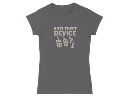 Gray t-shirt with "ANTI-THEFT DEVICE" and three pedal icons.