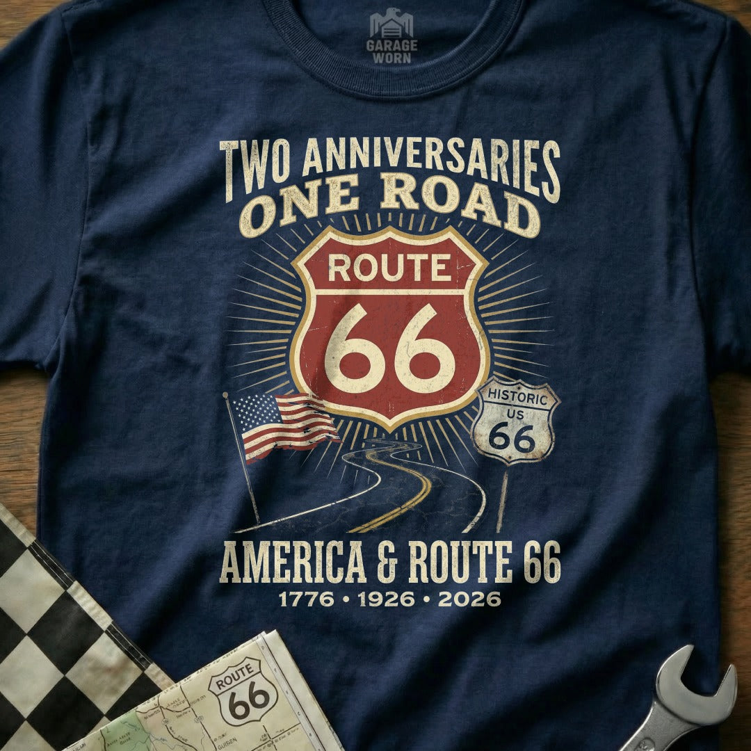 Navy t-shirt with Route 66 logo, American flag, and "Two Anniversaries One Road" text.
