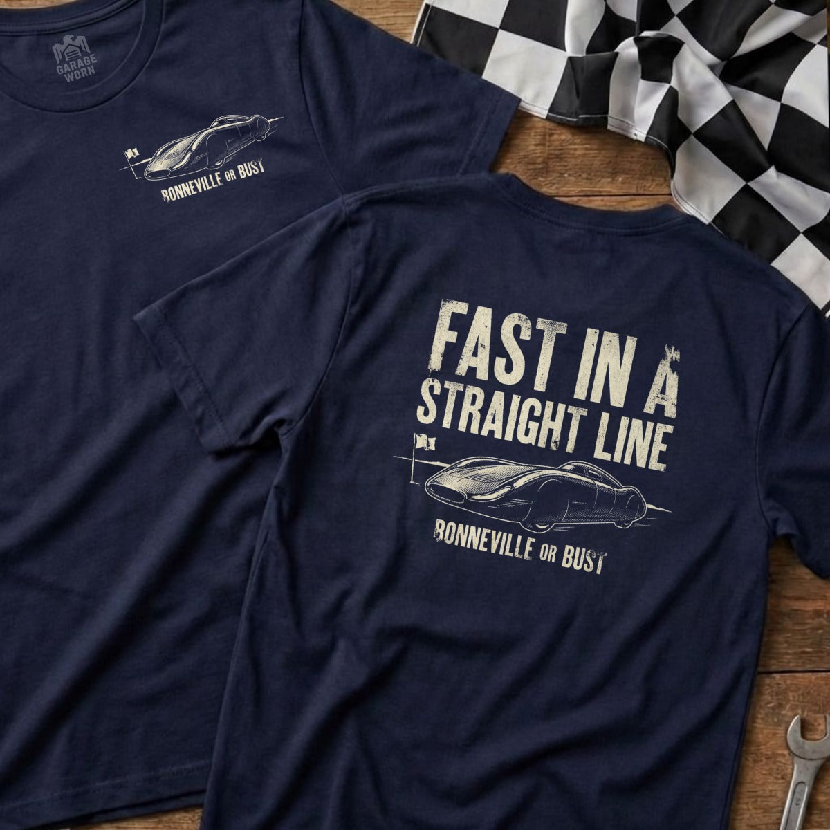 Navy t-shirt with "Fast in a Straight Line" and Bonneville or Bust design.