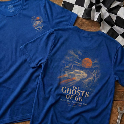 Blue t-shirt with "The Ghosts of 66" graphic of a classic car on Route 66.