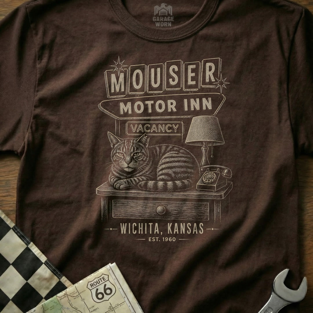 T-shirt graphic of a cat on a desk at Mouser Motor Inn, Wichita, Kansas.