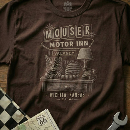 T-shirt graphic of a cat on a desk at Mouser Motor Inn, Wichita, Kansas.