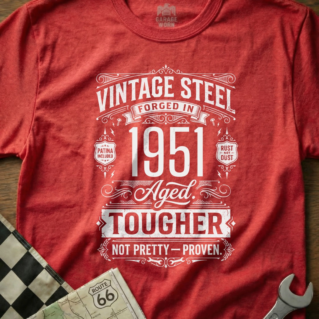 Vintage Steel 1951 Aged Tougher t-shirt with garage worn and route 66 motifs.