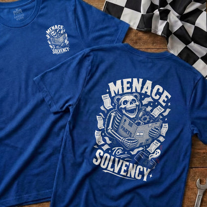 Blue t-shirt with skeleton bear holding "Parts" box and bills, text says "MENACE TO SOLVENCY".