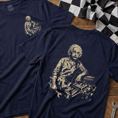 T-shirt back graphic: Albert Einstein leaning on an engine, holding a wrench.
