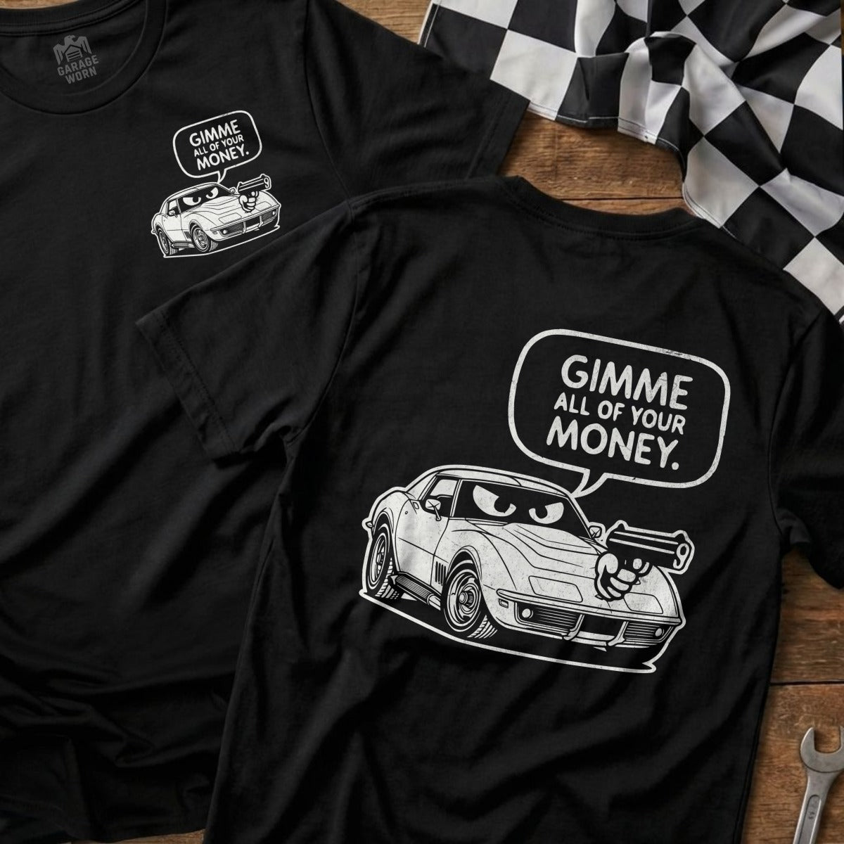 Gimme All Of Your Money Corvette Graphic product type
Corvette
Car Graphic
Funny Car
Money Slogan
Car Enthusiast
Auto Design
Retro Car
Classic Car
Cartoon Car
Humorous Graphic
Vehicle Art
Muscle Car
Sports Car
Gearhead
Driver Gift
Automotive
Unique Design
Iconic Car
Road Humor
Vintage Car
