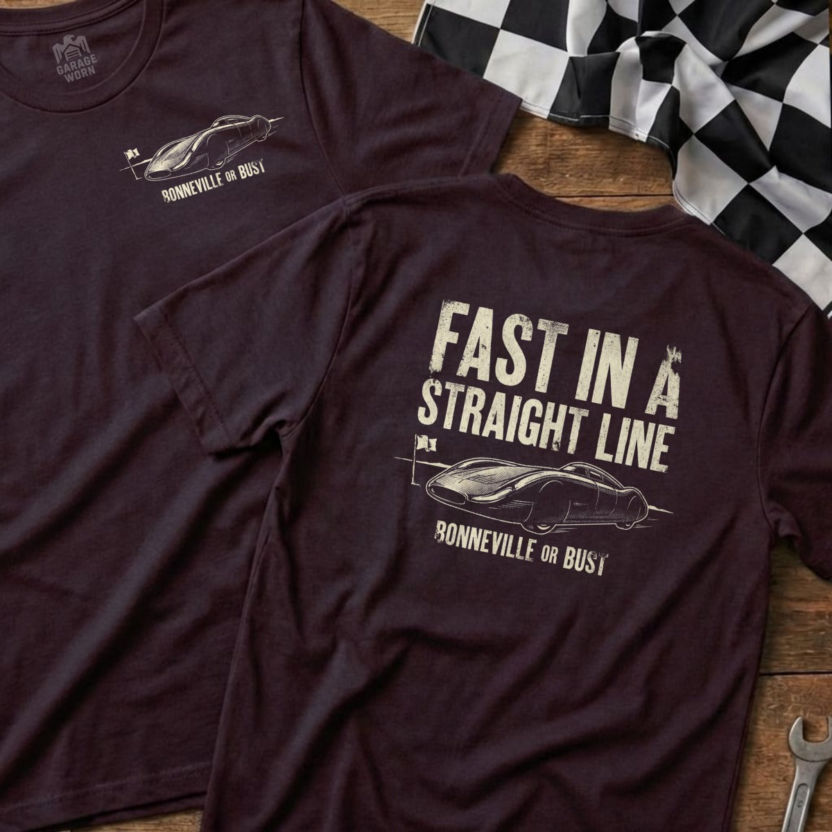 Maroon t-shirt with "FAST IN A STRAIGHT LINE" and Bonneville car graphic.