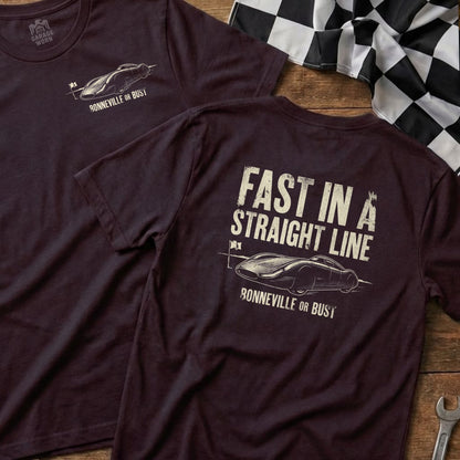 Maroon t-shirt with "FAST IN A STRAIGHT LINE" and Bonneville car graphic.