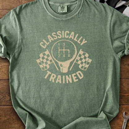 T-shirt with "Classically Trained" text, manual shift knob, and checkered flags.