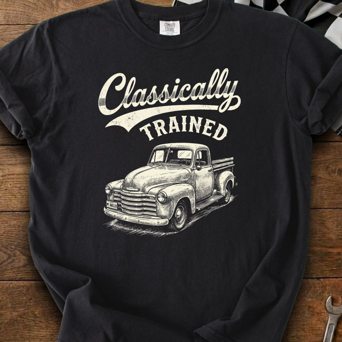 Black t-shirt with "Classically TRAINED" text and a vintage truck illustration.