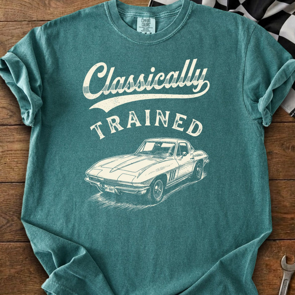 Teal t-shirt with "Classically Trained" text and a vintage car graphic.