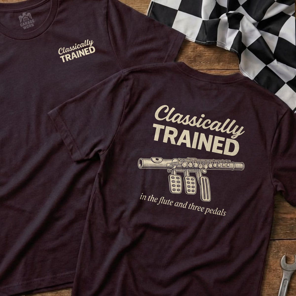 Maroon t-shirt with "Classically Trained" and flute/pedals graphic.