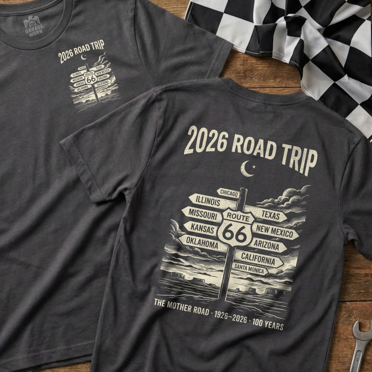 T-shirt design with "2026 Road Trip" and Route 66 destinations.