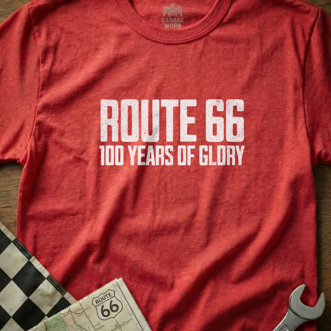 Red t-shirt with "Route 66 100 Years of Glory" text.