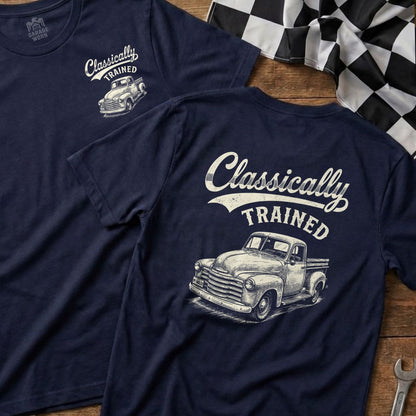 Navy t-shirts with distressed "Classically Trained" text and vintage truck graphic.