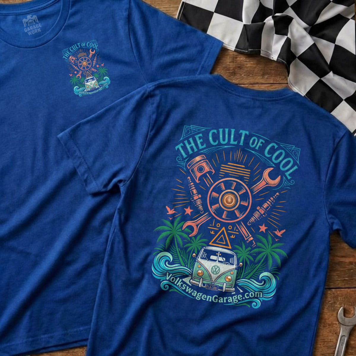 Blue t-shirt with "The Cult of Cool" graphic and VolkswagenGarage.com.