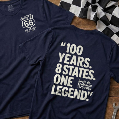 Navy t-shirts with Route 66 Centennial logo and text.