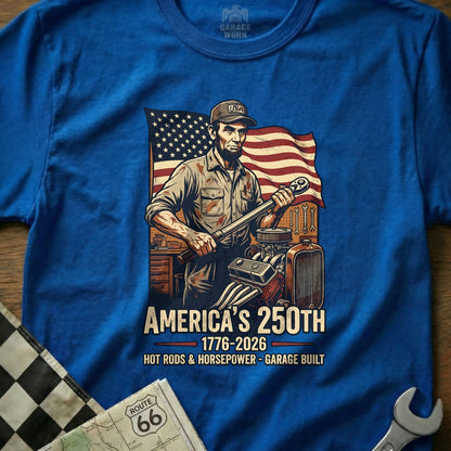Abraham Lincoln holding a wrench with USA flag, "America's 250th" text.