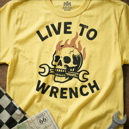 Live to Wrench Burning Skull Graphic T-Shirt